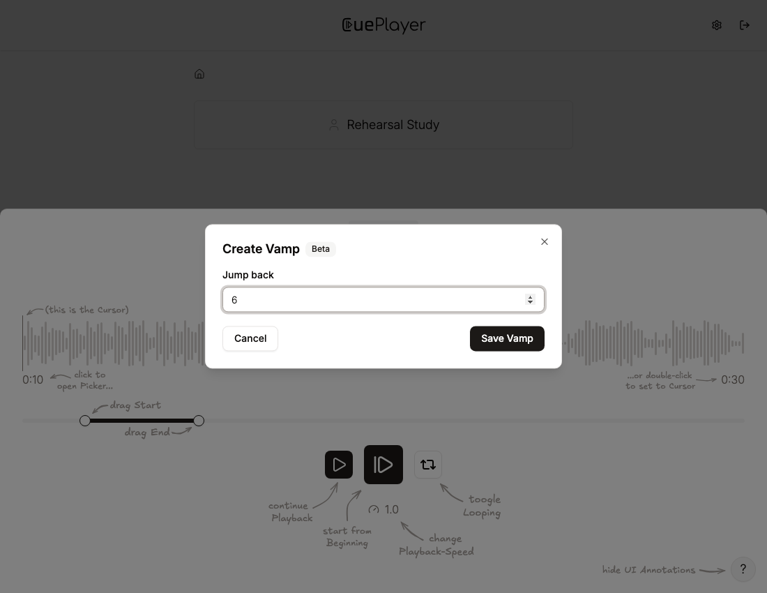 Create Vamp dialog with its Beta badge and Jump back set to six seconds.