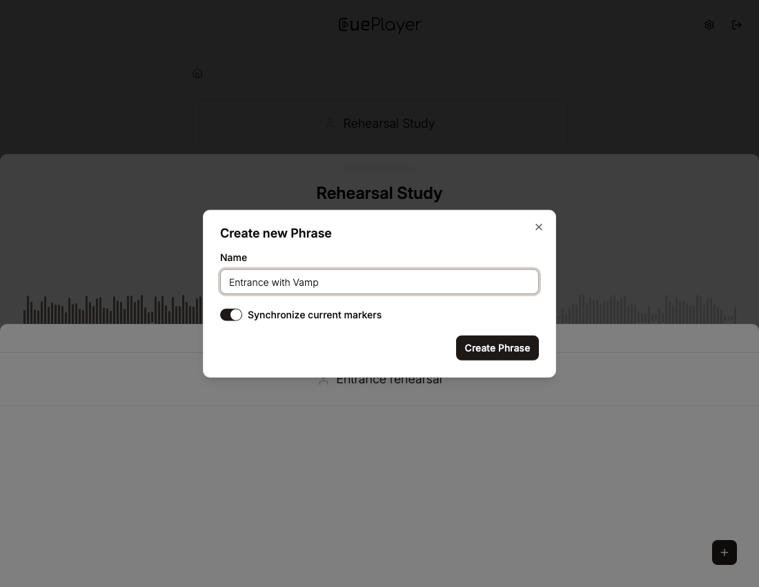 Create new Phrase dialog with a neutral demo name and Synchronize current markers enabled.